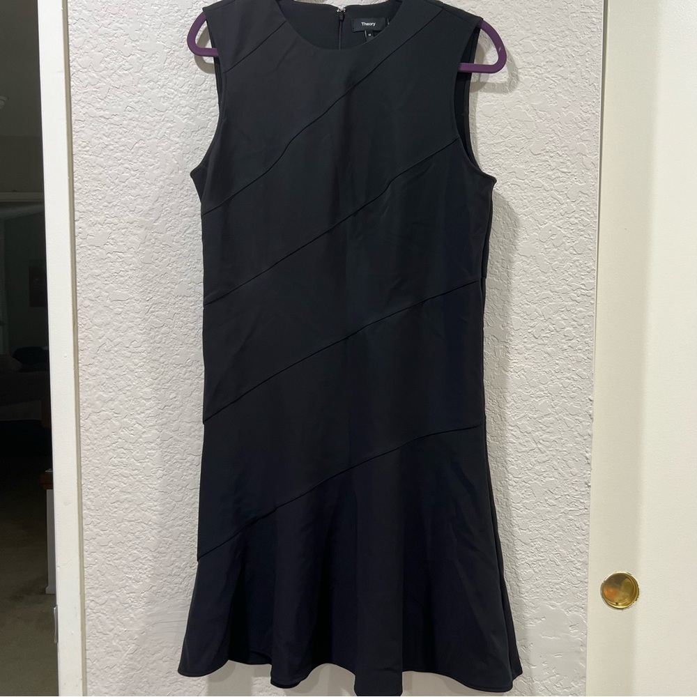 THEORY Black Precision Ponte Diagonal Drape Sheath Dress Size 10 - Picture 4 of 11